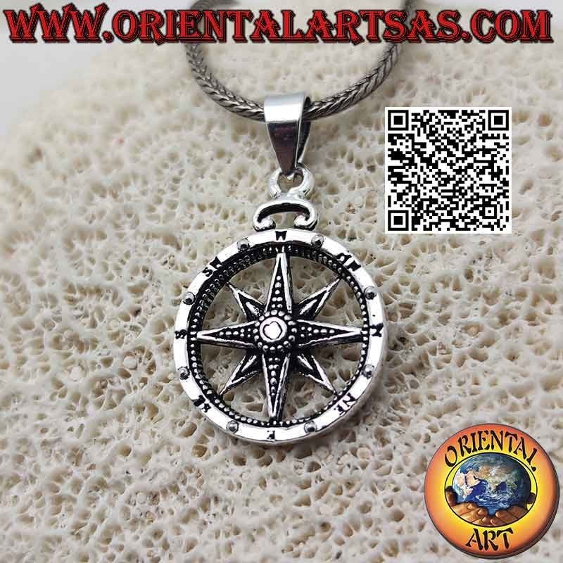 Colgante rosa de los vientos (brújula) de plata con grabados a doble nivel