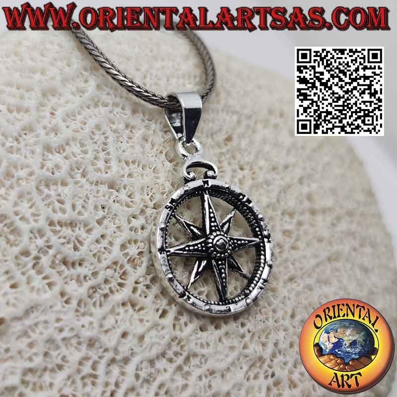 Colgante rosa de los vientos (brújula) de plata con grabados a doble nivel