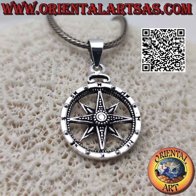 Colgante rosa de los vientos (brújula) de plata con grabados a doble nivel