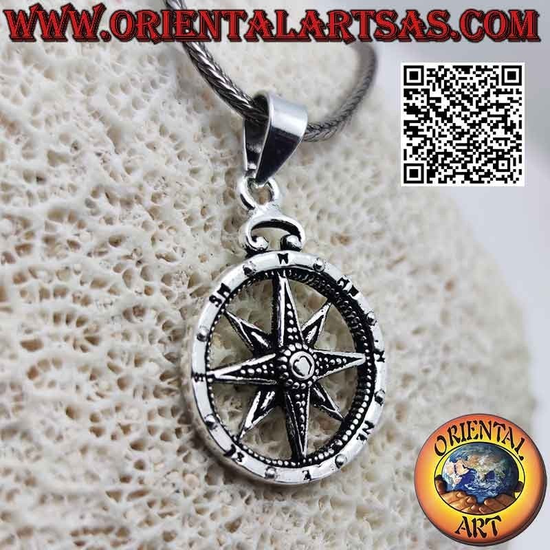Colgante rosa de los vientos (brújula) de plata con grabados a doble nivel