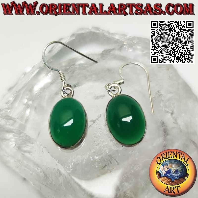 Pendientes de plata con gran cabujón ovalado de ágata verde en engaste liso