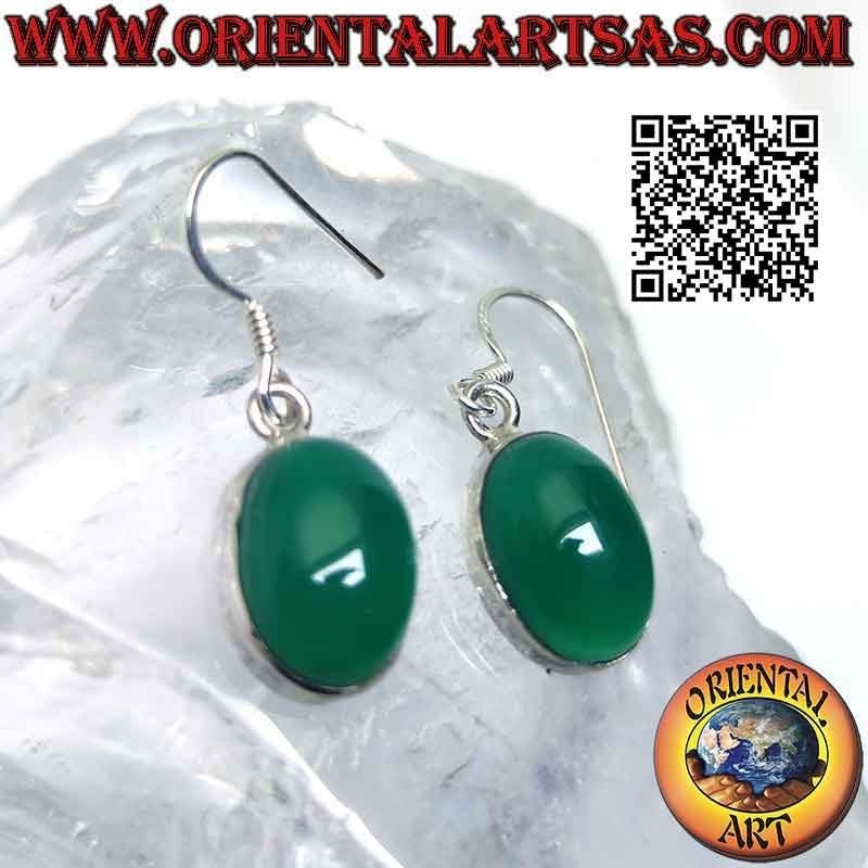 Boucles d'oreilles en argent avec gros cabochon ovale d'agate verte sur monture lisse