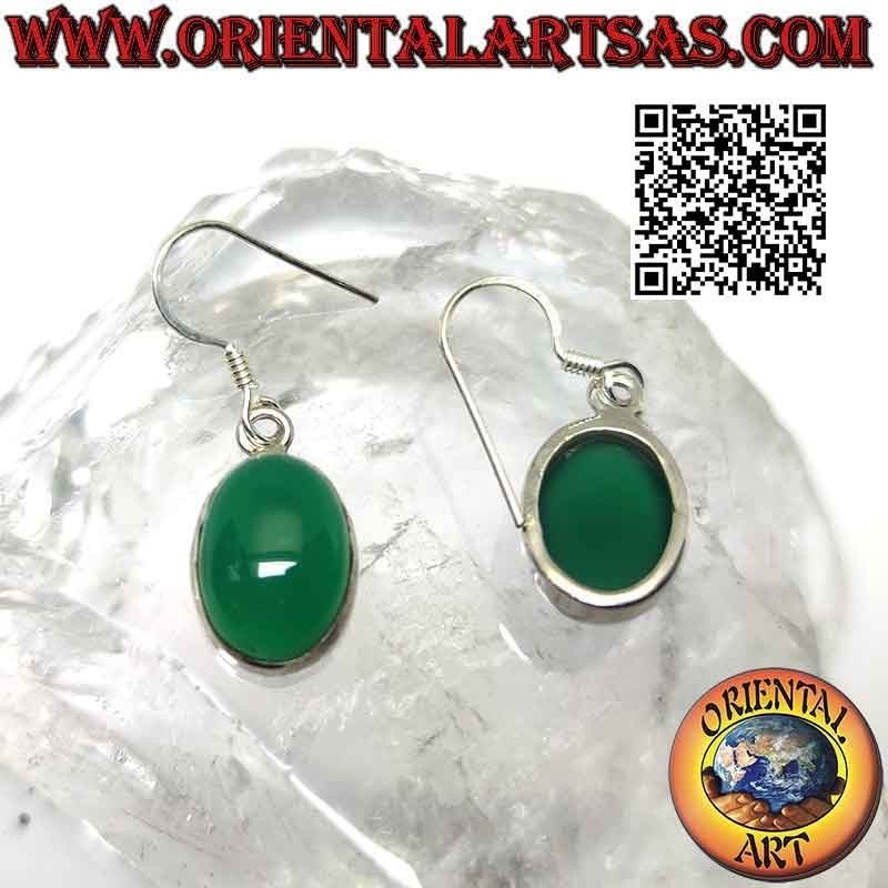 Boucles d'oreilles en argent avec gros cabochon ovale d'agate verte sur monture lisse