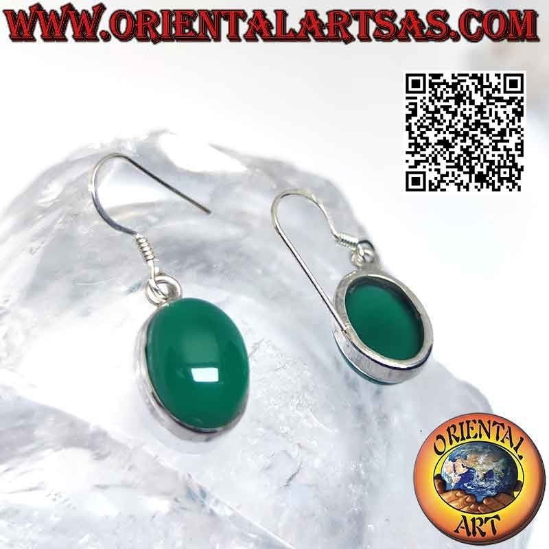 Boucles d'oreilles en argent avec gros cabochon ovale d'agate verte sur monture lisse