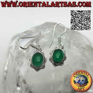 Silver earrings with cabochon oval green agate on a smooth petal setting