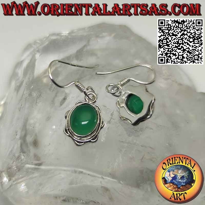 Silver earrings with cabochon oval green agate on a smooth petal setting