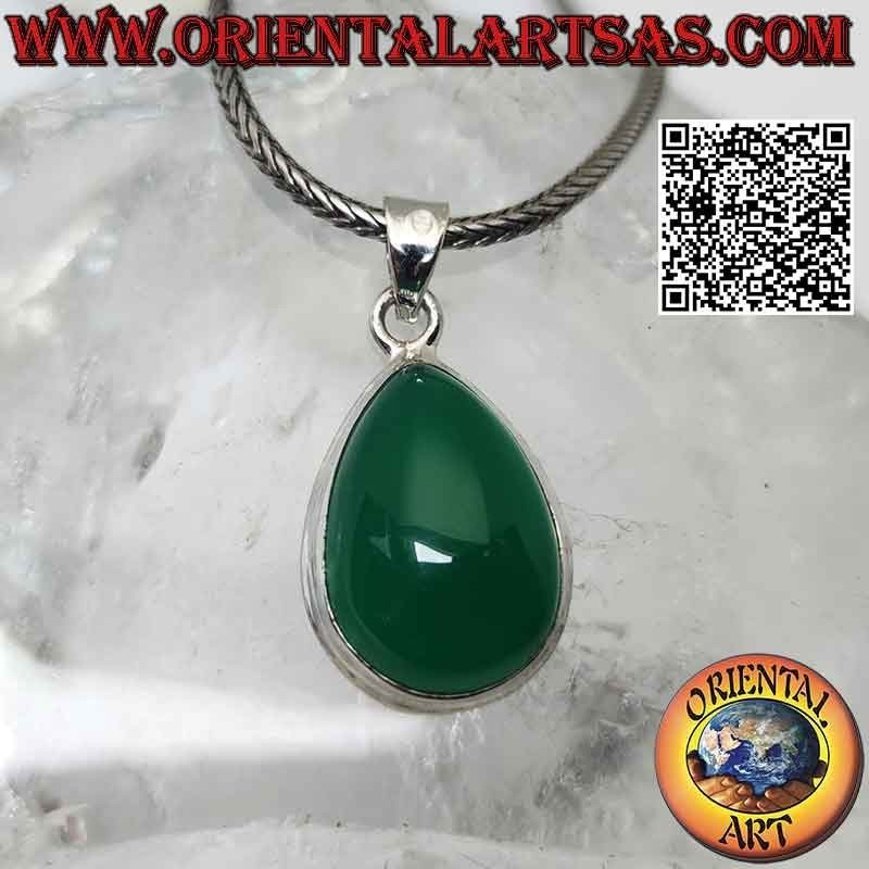 Silver pendant with large green agate cabochon drop on simple smooth setting