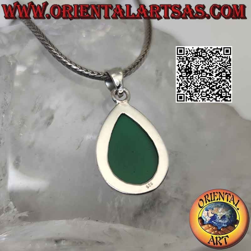 Ciondolo in argento con grande agata verde a goccia cabochon su montatura liscia semplice