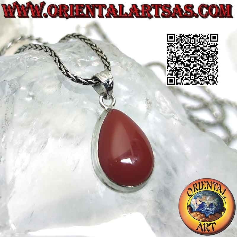 Ciondolo in argento con grande corniola a goccia cabochon su montatura liscia semplice