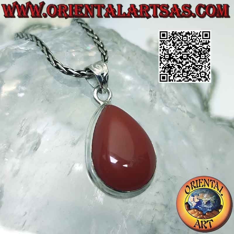 Ciondolo in argento con grande corniola a goccia cabochon su montatura liscia semplice