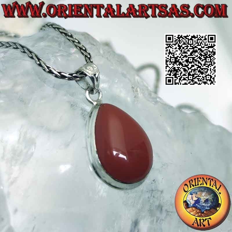 Ciondolo in argento con grande corniola a goccia cabochon su montatura liscia semplice
