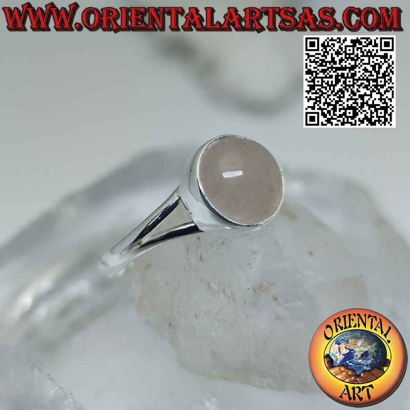 Silver ring with round cabochon rose quartz on a smooth frame attached to two
