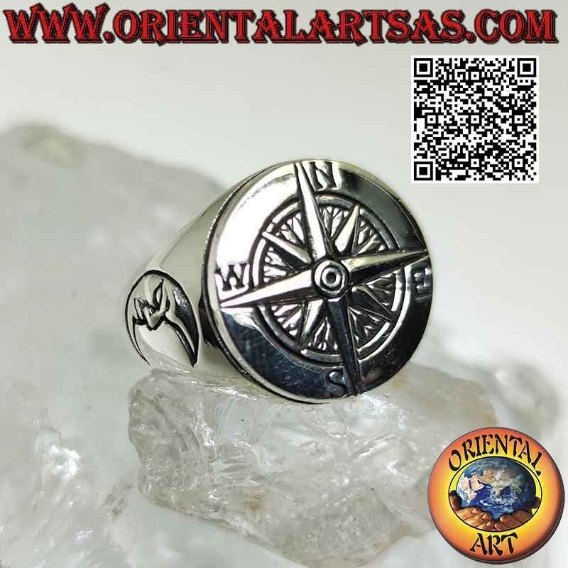 Smooth round silver ring with embossed wind rose and moon on the sides