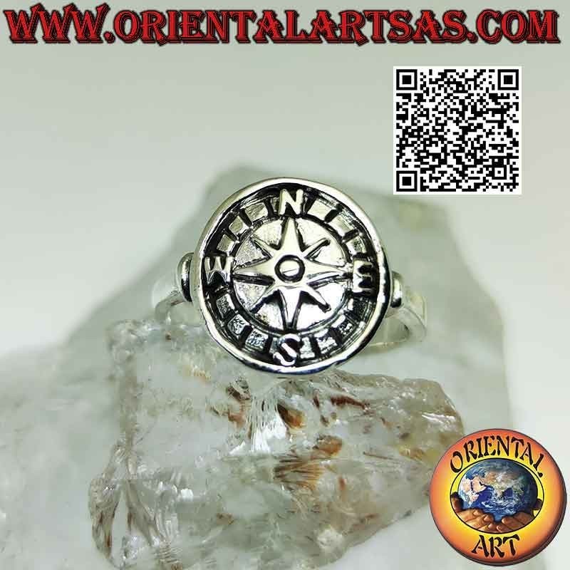 Silver ring with compass rose in bas-relief on a round medal