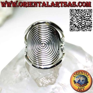 Silver ring with large dense spiral on perforated crescent setting (adjustable)