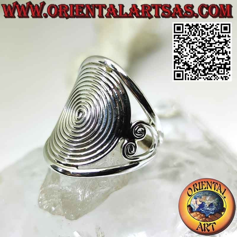 Anillo de plata con gran espiral densa en engaste de media luna perforada (ajustable)
