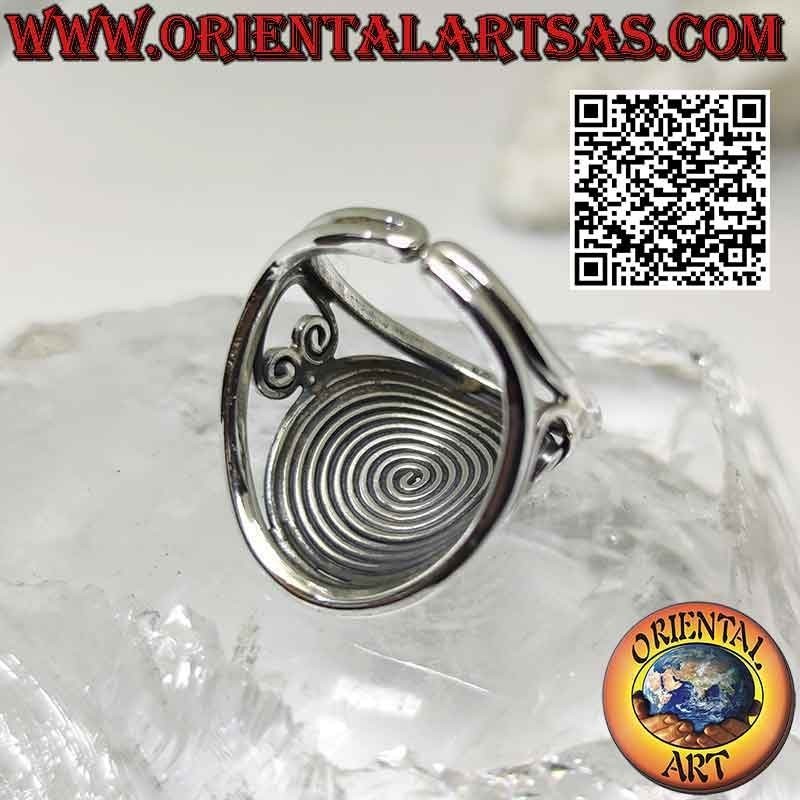 Silver ring with large dense spiral on perforated crescent setting (adjustable)