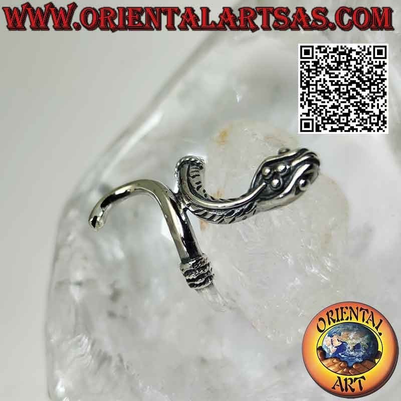 Silver ring in the shape of a snake "viper" in sinuous movement and intertwining on the tail