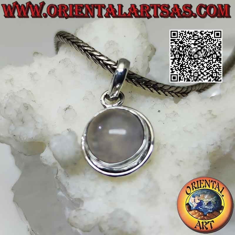 Silver pendant with round cabochon rose quartz on smooth setting with protruding edge