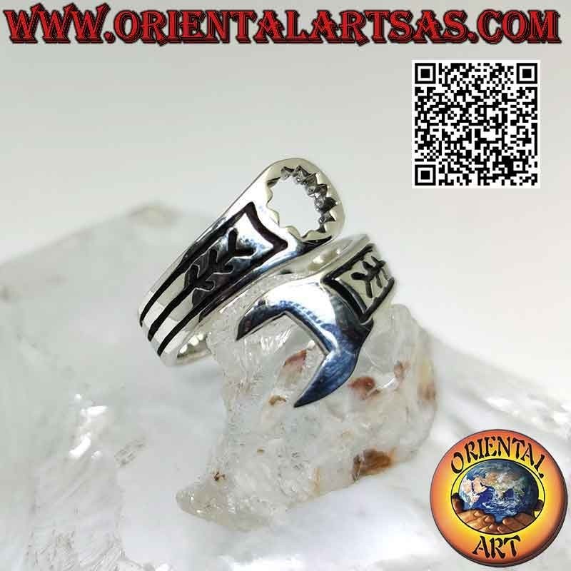 Smooth silver ring in the shape of a wrench with engravings