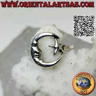 Bague en argent lisse avec étoile et lune formant un cercle