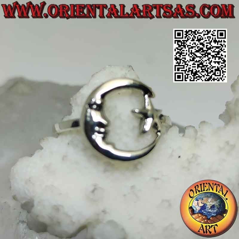 Glatter Silberring mit Stern und Mond, die einen Kreis bilden