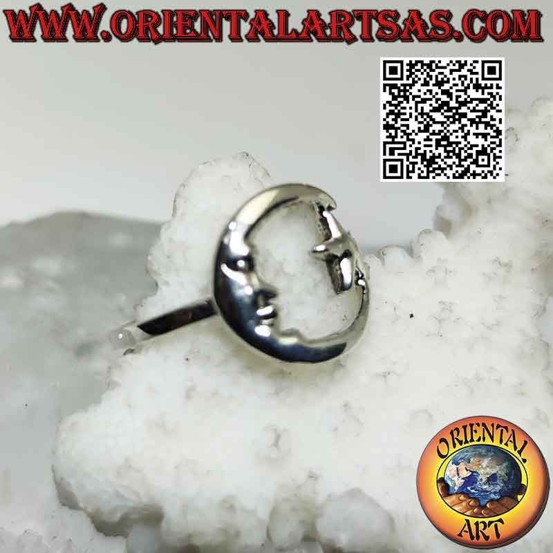 Smooth silver ring with star and moon forming a circle