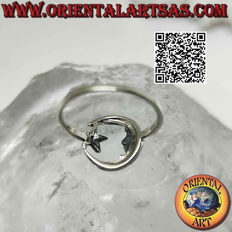Smooth silver ring with star and moon forming a circle