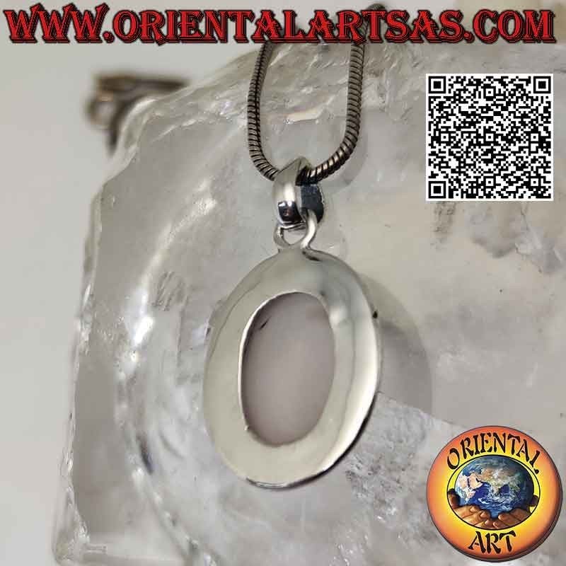 Pendentif en argent avec cabochon ovale en quartz rose entouré d'une rangée de microsphères lisses (17x12)