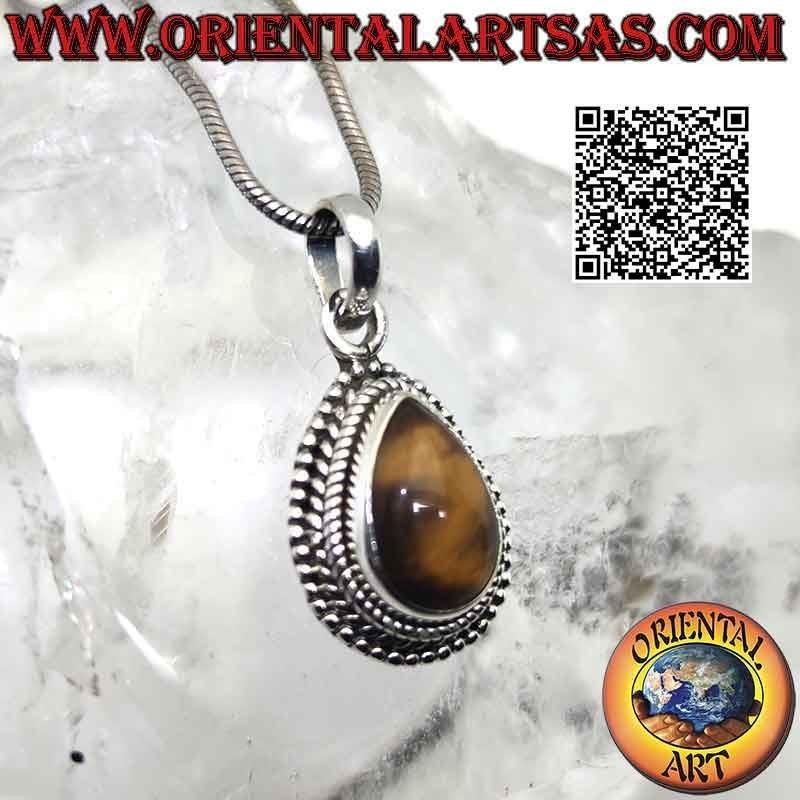 Silberanhänger mit Cabochon-Tropfen-Tigerauge, umgeben von verschlungenen und glatten Mikrokugeln