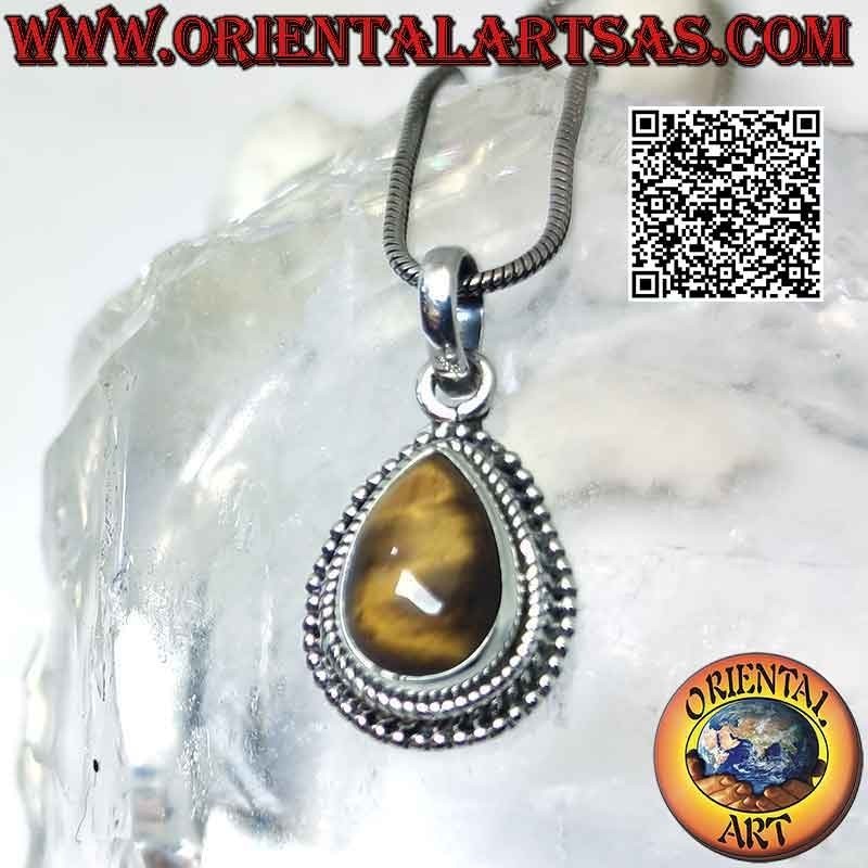 Ciondolo in argento con occhio di tigre a goccia cabochon contornata da intreccio e microsfere lisce