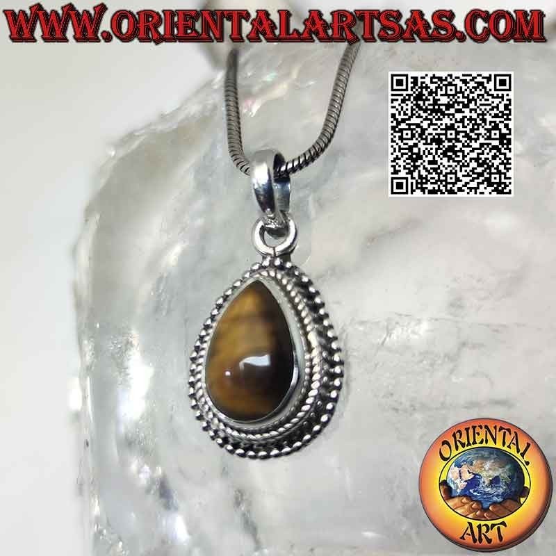 Pendentif en argent avec cabochon goutte oeil de tigre entouré de microsphères entrelacées et lisses