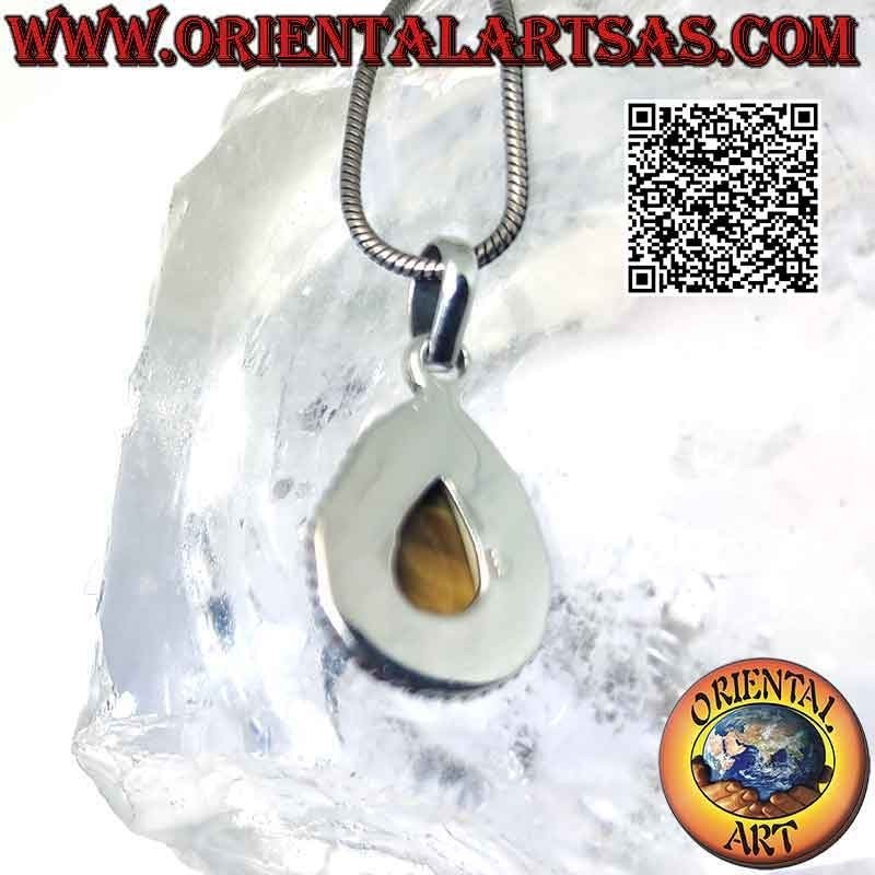 Colgante de plata con cabujón gota ojo de tigre rodeado de microesferas entrelazadas y lisas