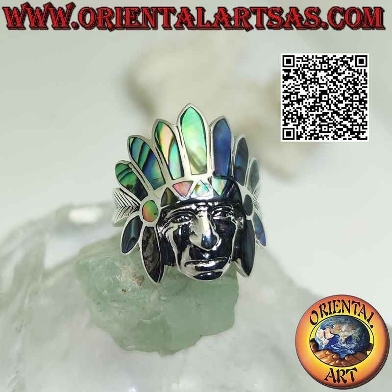 Silver ring, Native American Indian sage head with abalone (paua) headdress and smooth face