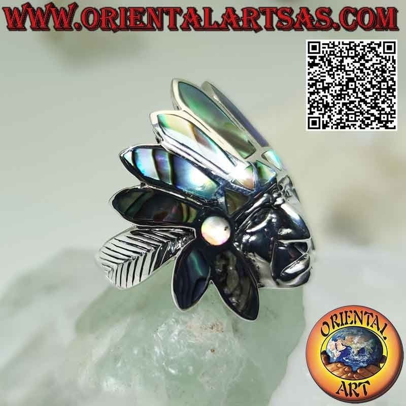 Silberring, Salbeikopf der amerikanischen Ureinwohner mit Kopfschmuck aus Abalone (Paua) und glattem Gesicht