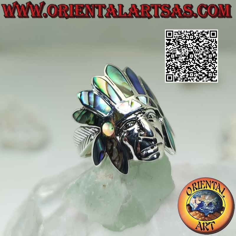 Bague en argent, tête de sauge indienne amérindienne avec coiffe d'ormeau (paua) et visage lisse