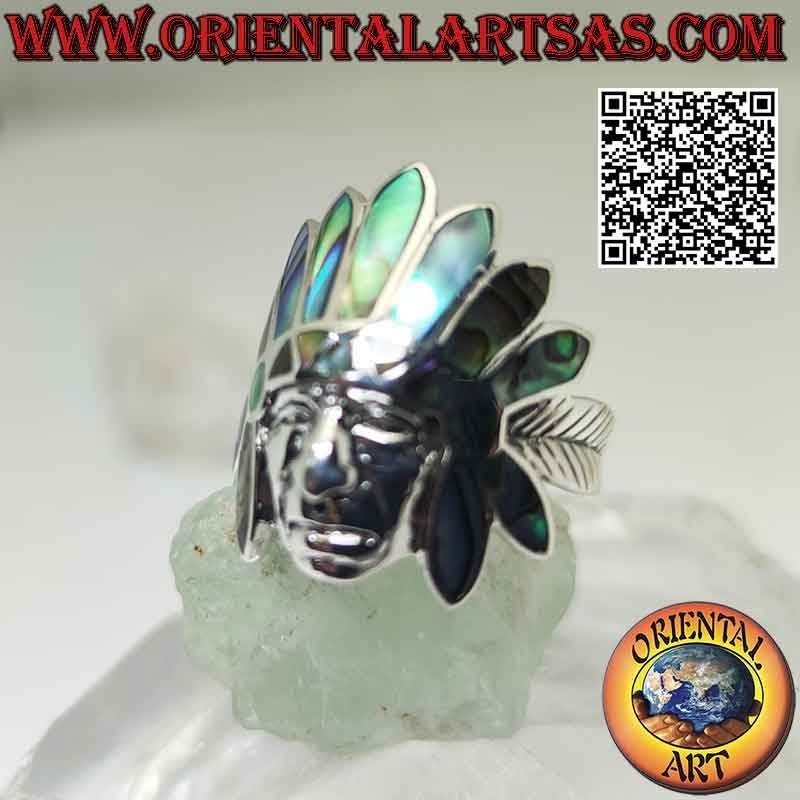 Silberring, Salbeikopf der amerikanischen Ureinwohner mit Kopfschmuck aus Abalone (Paua) und glattem Gesicht