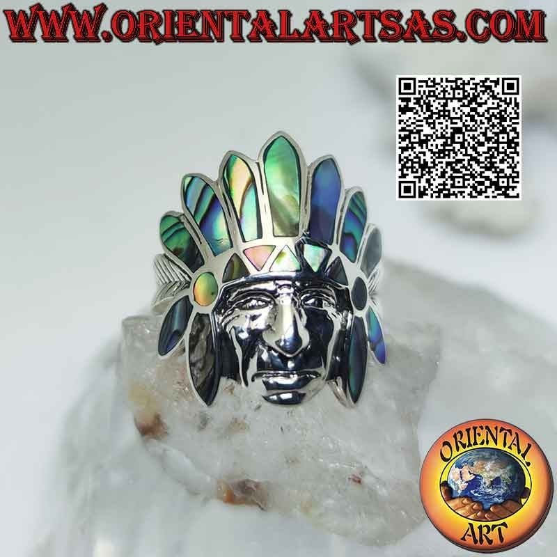 Silberring, Salbeikopf der amerikanischen Ureinwohner mit Kopfschmuck aus Abalone (Paua) und glattem Gesicht