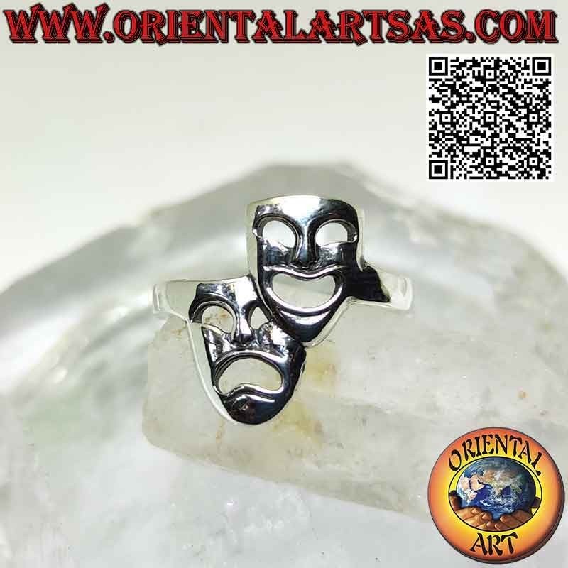 Anillo de plata lisa, las máscaras teatrales de la comedia y la tragedia griegas (vertical)
