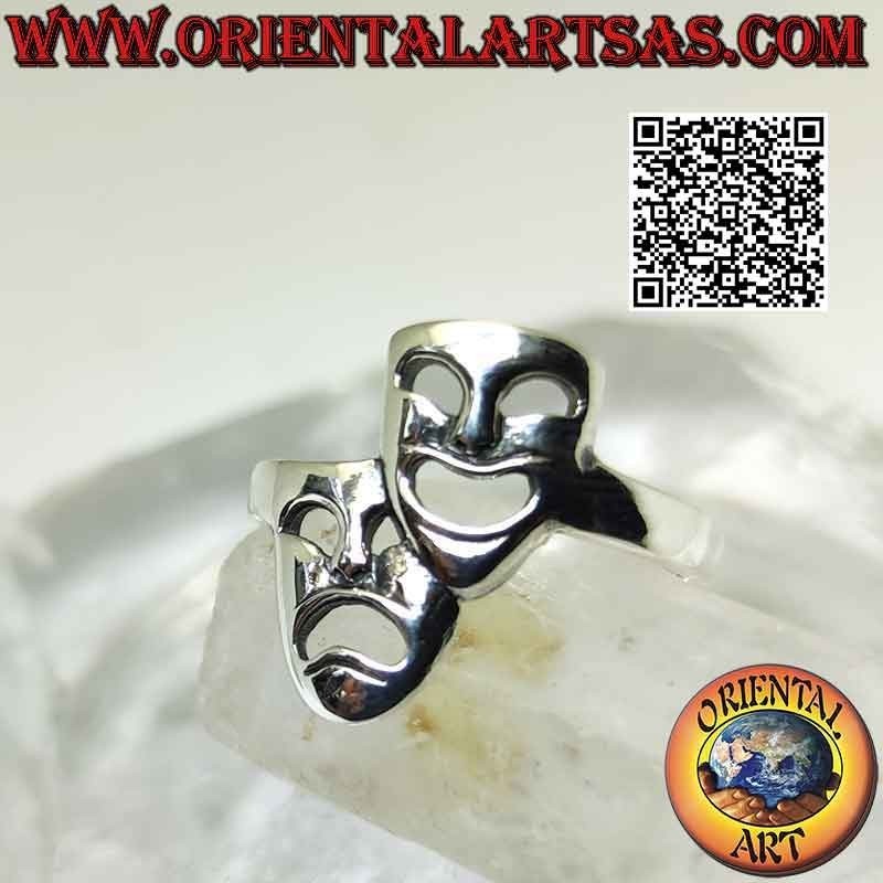 Anillo de plata lisa, las máscaras teatrales de la comedia y la tragedia griegas (vertical)