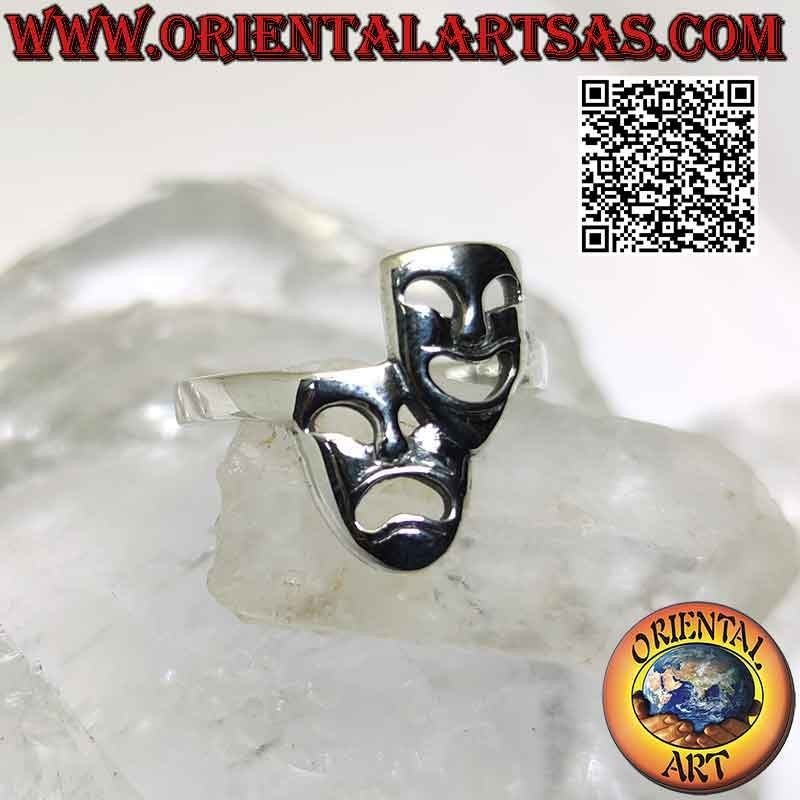 Anello in argento liscio, le maschere teatrali della commedia e tragedia greca (verticali)