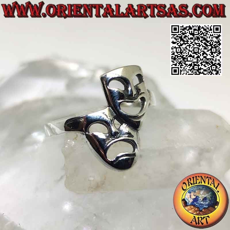 Smooth silver ring, the theatrical masks of Greek comedy and tragedy (vertical)