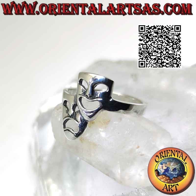 Smooth silver ring, the theatrical masks of Greek comedy and tragedy (vertical)