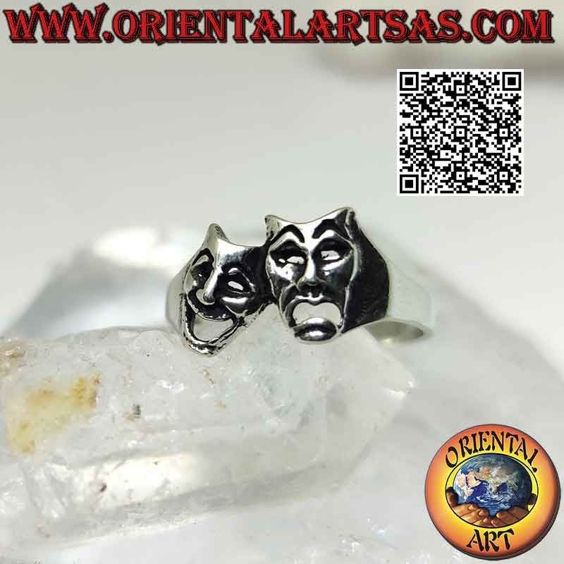 Anillo de plata lisa, las máscaras teatrales de la comedia y la tragedia griegas (vertical)