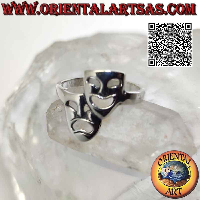 Bague en argent lisse, les masques théâtraux de la comédie et de la tragédie grecques (vertical)