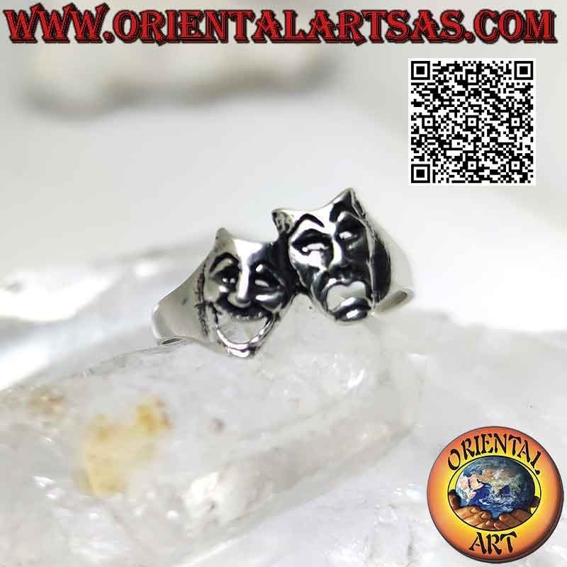 Anillo de plata lisa, las máscaras teatrales de la comedia y la tragedia griegas (vertical)