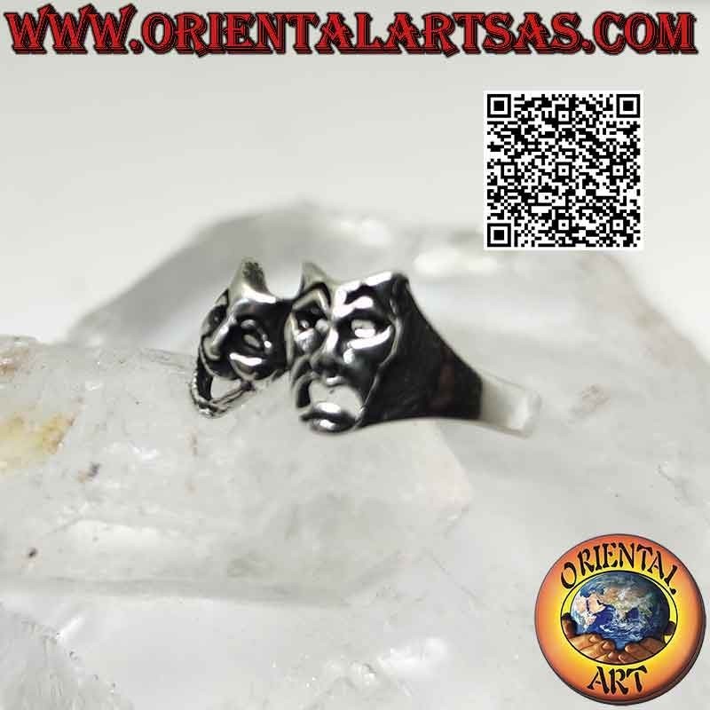 Smooth silver ring, the theatrical masks of Greek comedy and tragedy (vertical)