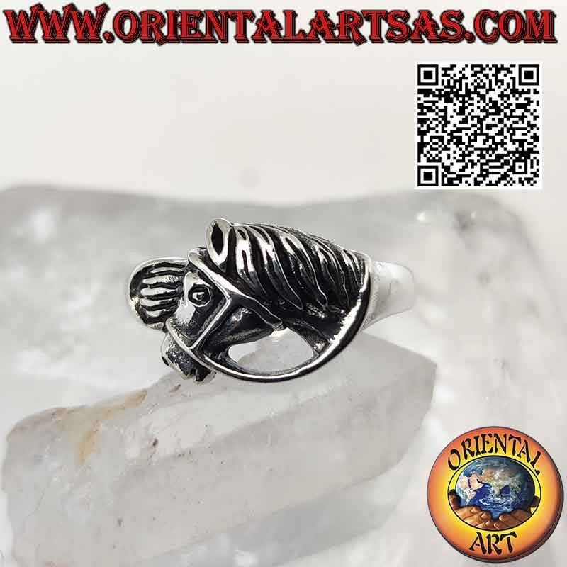 Bague en argent, tête de cheval avec bride profilée