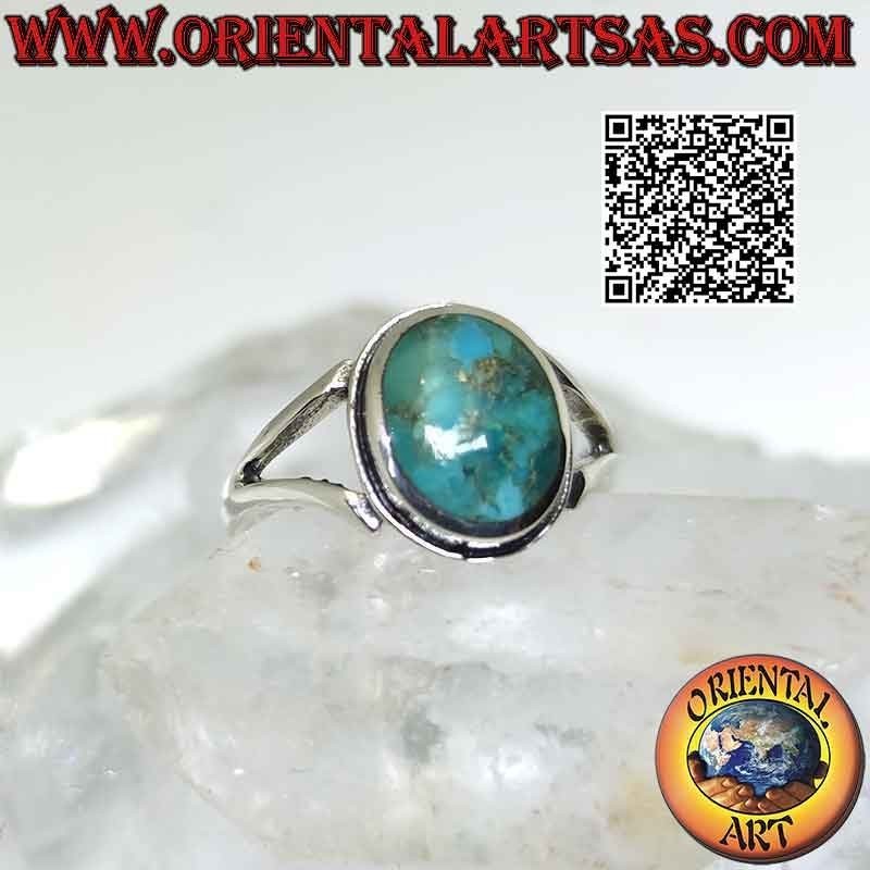 Anello in argento con turchese naturale dell'Arizona ovale con bordo liscio e agganciato a due