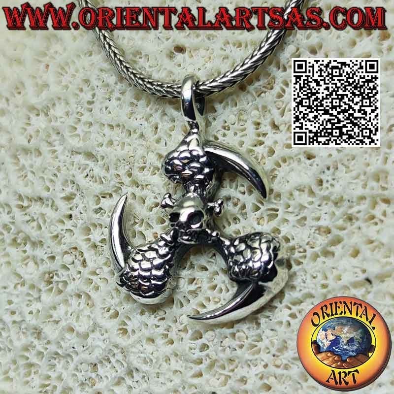Pendentif en argent avec triple griffe du dragon en mouvement circulaire avec crâne central